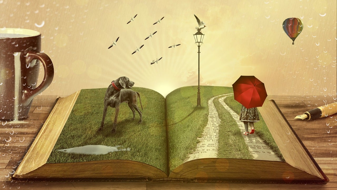 Open book with dog and girl on the page