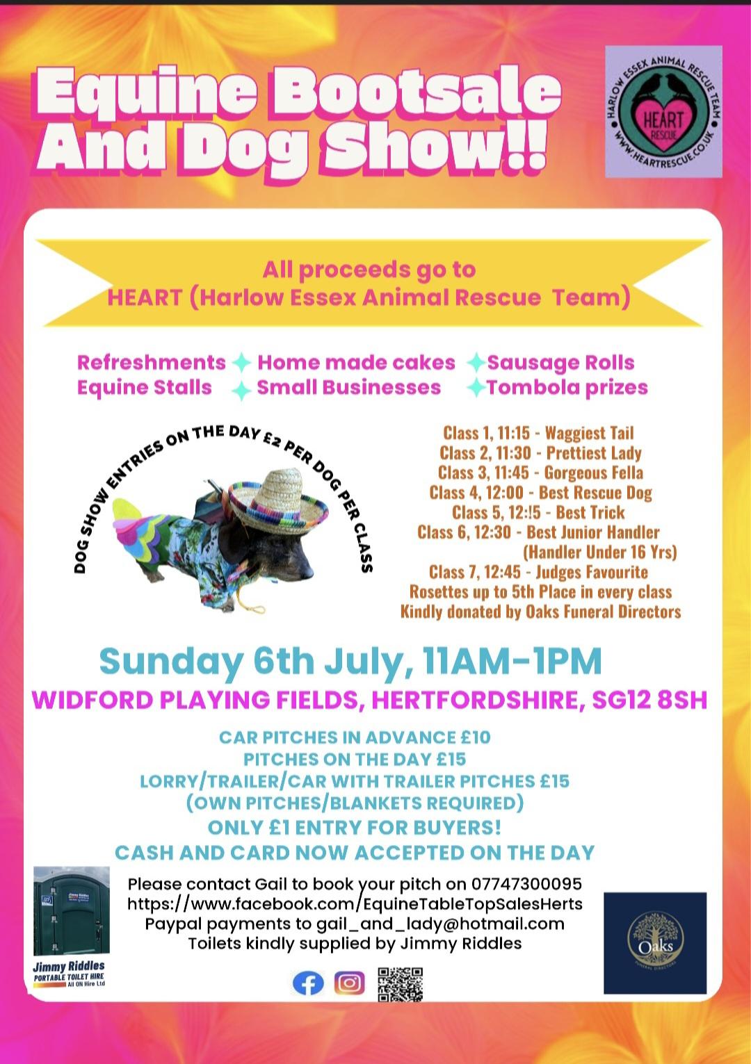 Advert for Equine Bootsale and Dog Show 6th July 11am at Widford Playing Field.