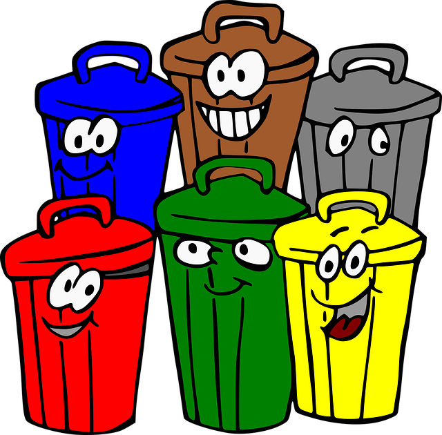 Cartoon rubbish bins in different colours.