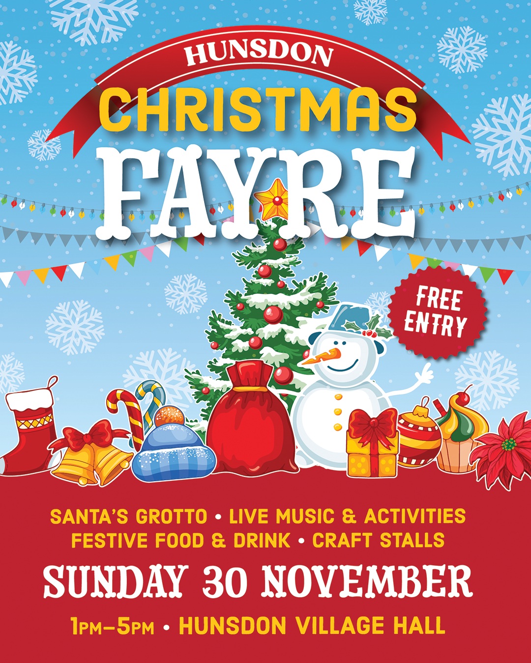 A poster for the Christmas Fayre showing a cartoon snowman and Christmas tree with presents.