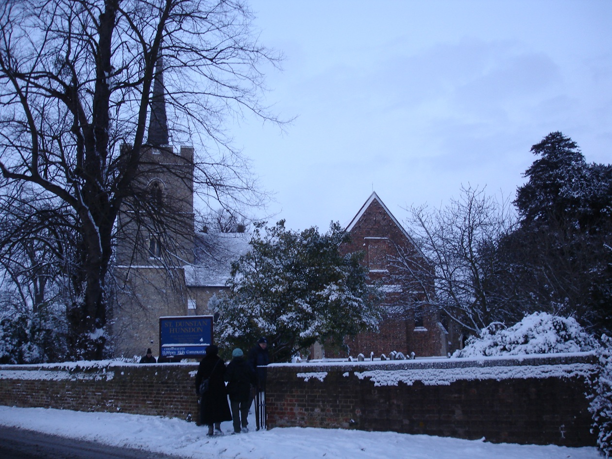 Hunsdon Church in the snow