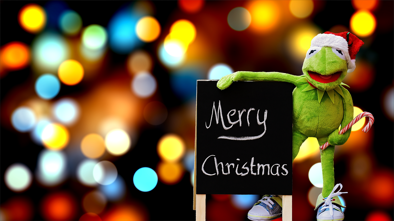 Kermit the Frog holding a sign which says, "Merry Christmas."