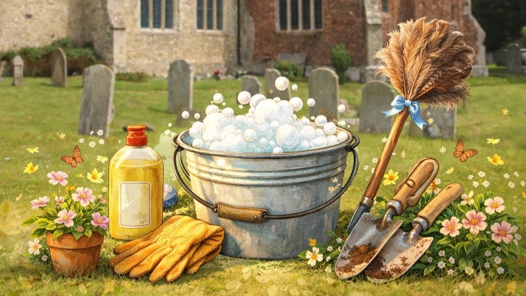 A bucket, gloves, feather duster and trowels in a churchyard.